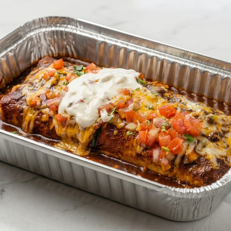 A large burrito covered in melted cheese, red sauce, diced tomatoes, and sour cream in a foil pan.