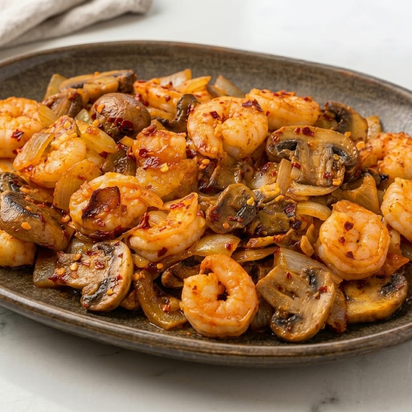 Close-up of a dark plate filled with sautéed shrimp, mushrooms, and onions, seasoned with red pepper flakes.