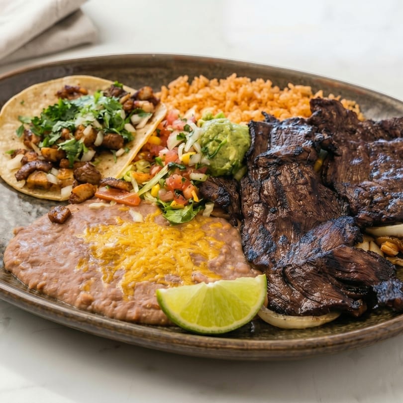 Grilled steak, a taco, rice, refried beans, guacamole, pico de gallo, and a lime wedge.