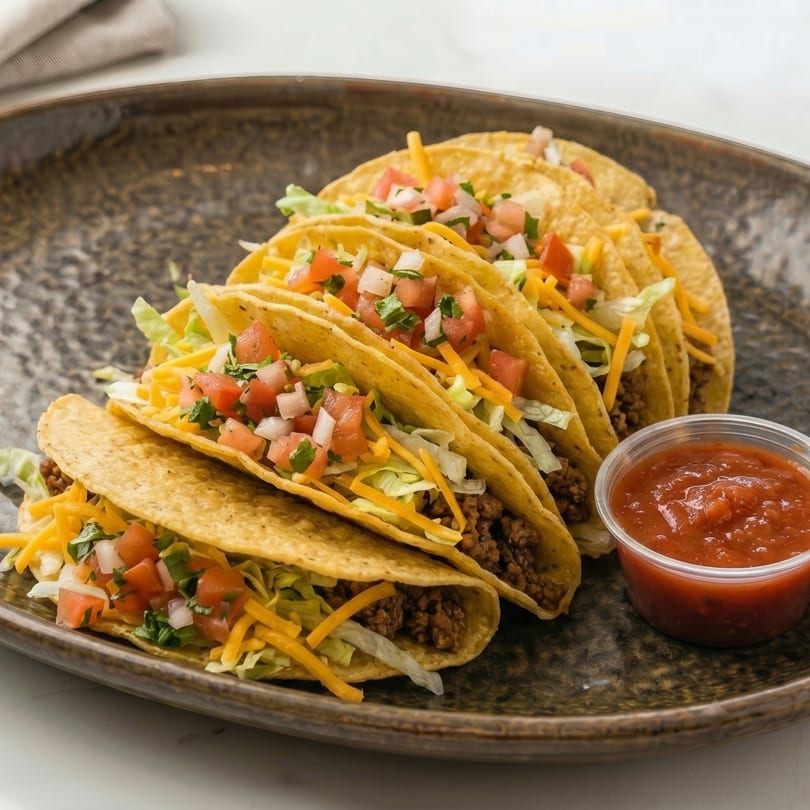 Four hard-shell tacos filled with ground beef, lettuce, cheese, and pico de gallo, with a side of salsa.