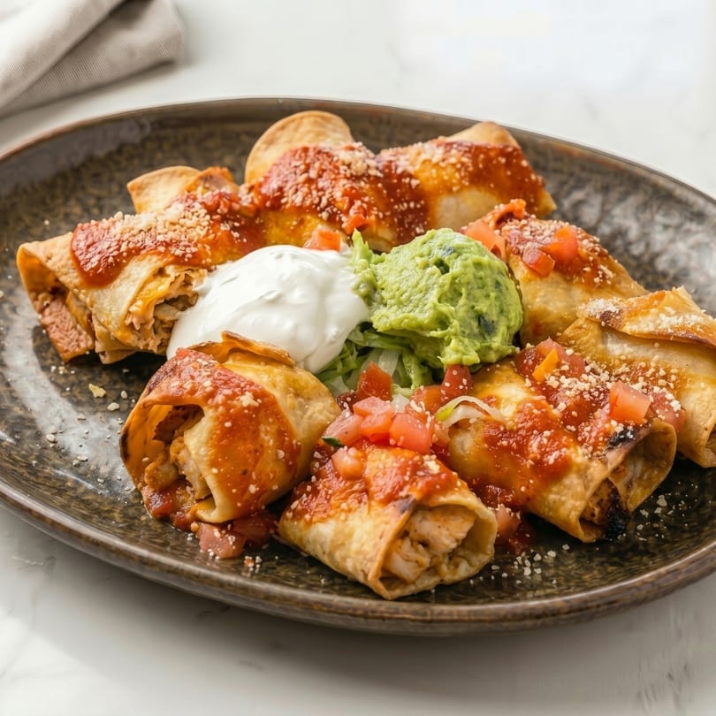 A plate of golden-brown flautas topped with red sauce, sour cream, guacamole, and diced tomatoes.